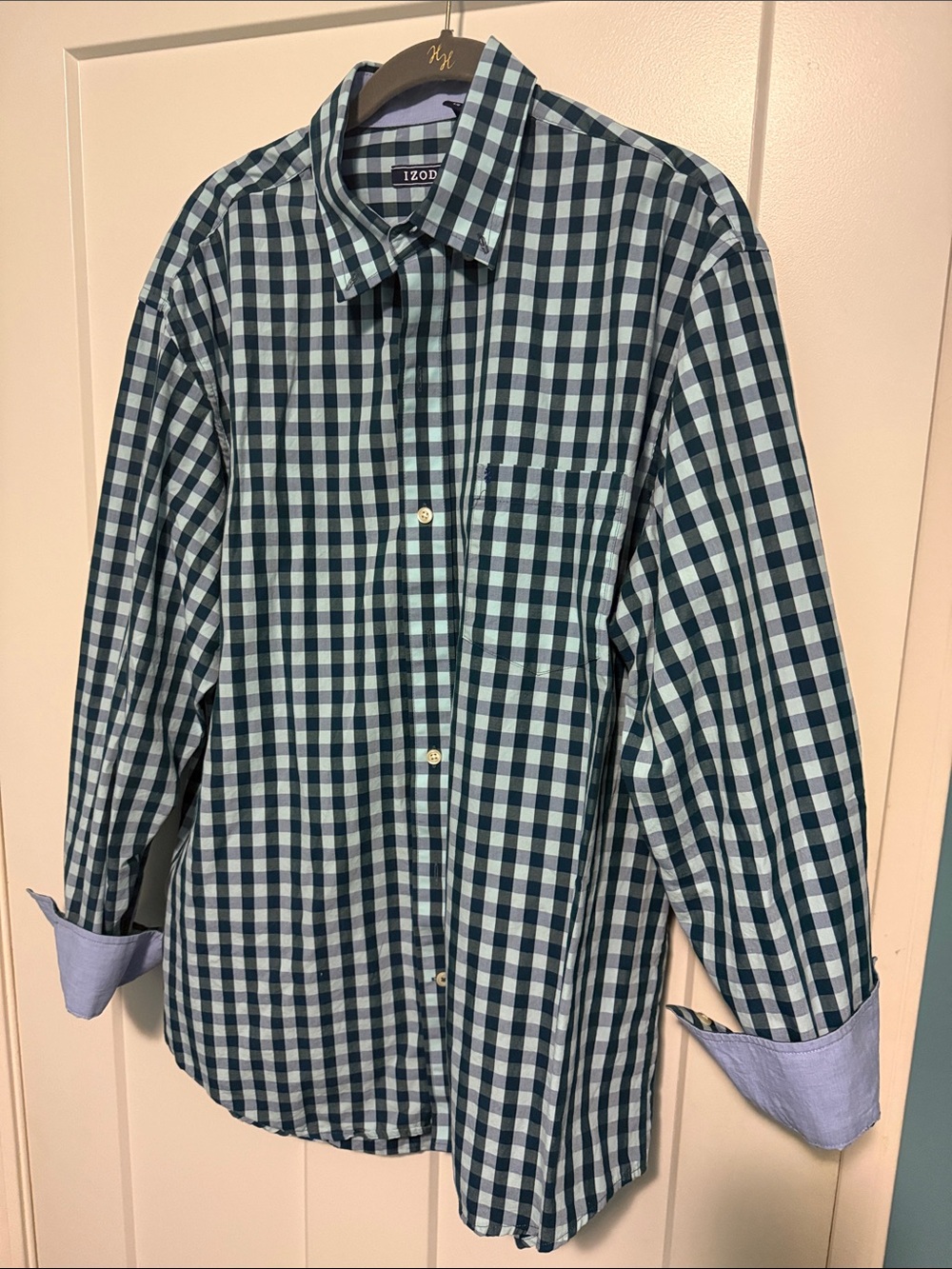 Izod Men’s Dark Green and Teal Gingham Button-Down Shirt